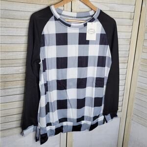 New Plaid Baseball Tee Black White Womens Size Medium Crewneck Shirt Casimo